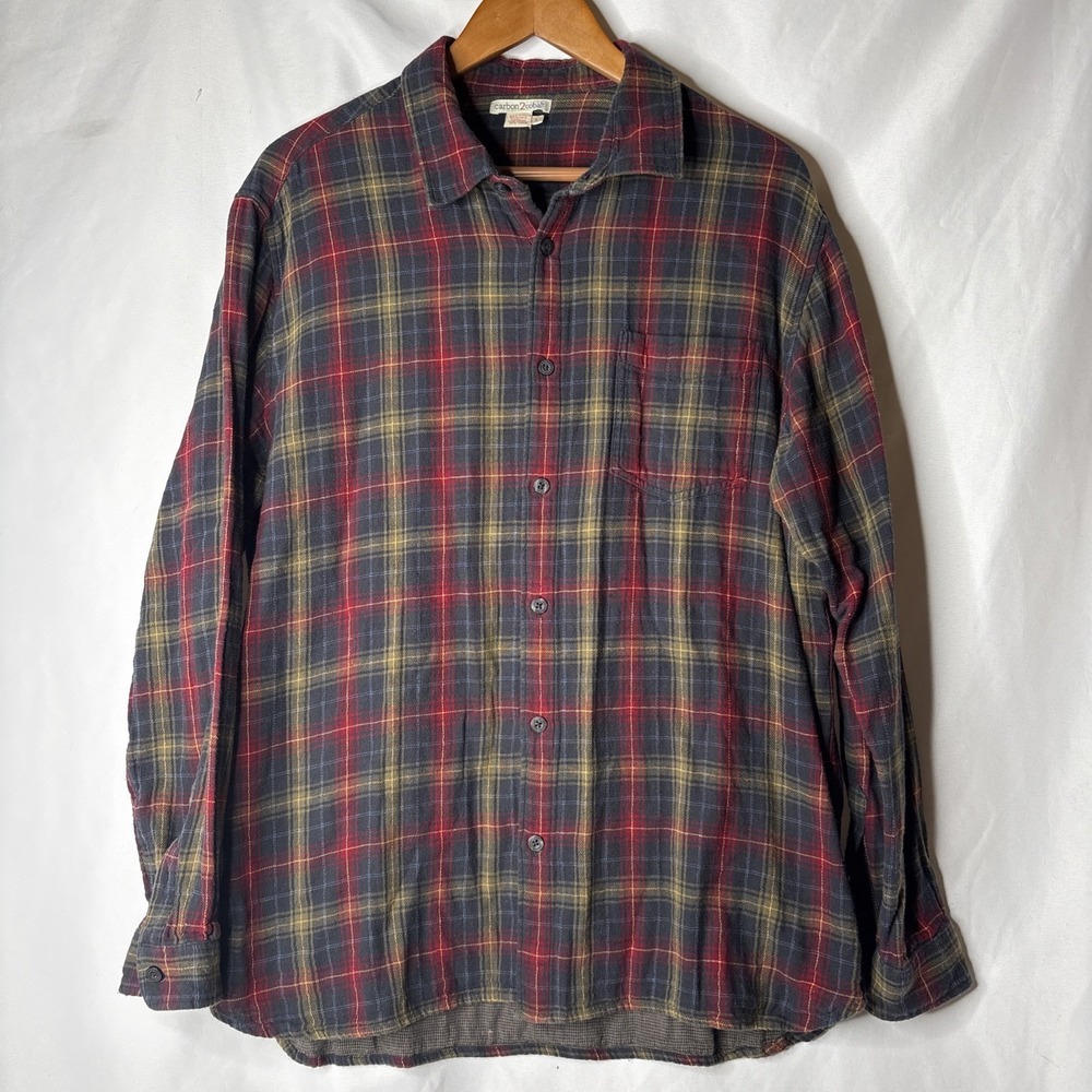Carbon2Cobalt  Mens L  Cotton Plaid Flannel Button Up Long Sleeve Red Blue Green